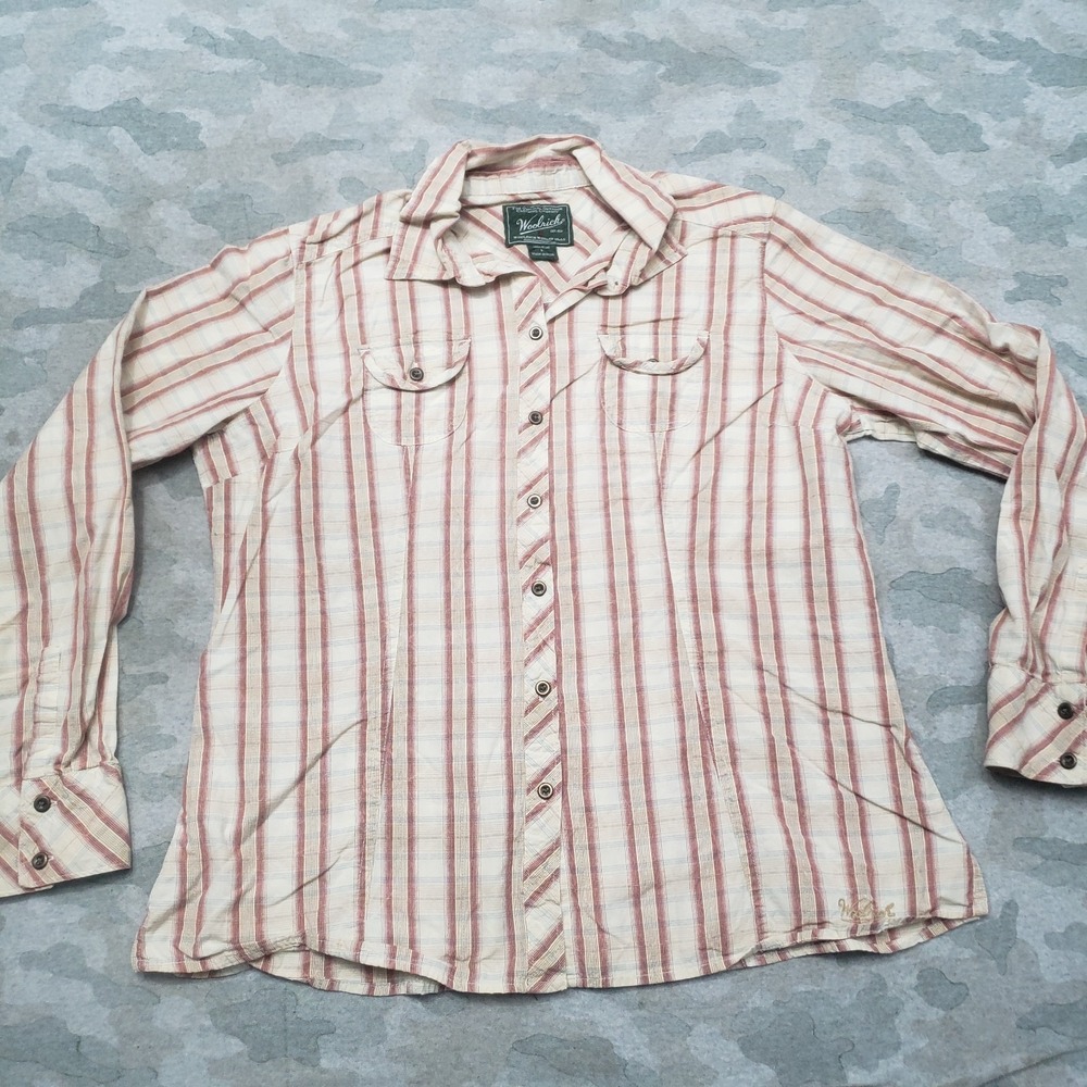Woolrich Top Womens Large Red Long Sleeve Button Up Striped